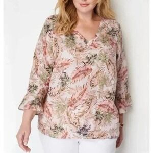 J. Jill Love Linen 100% Linen Tropical Print V- Neck Bell‎ Sleeve Blouse Size PS
